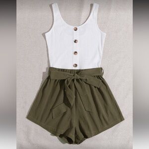 White Ribbed Top with Olive Green Romper